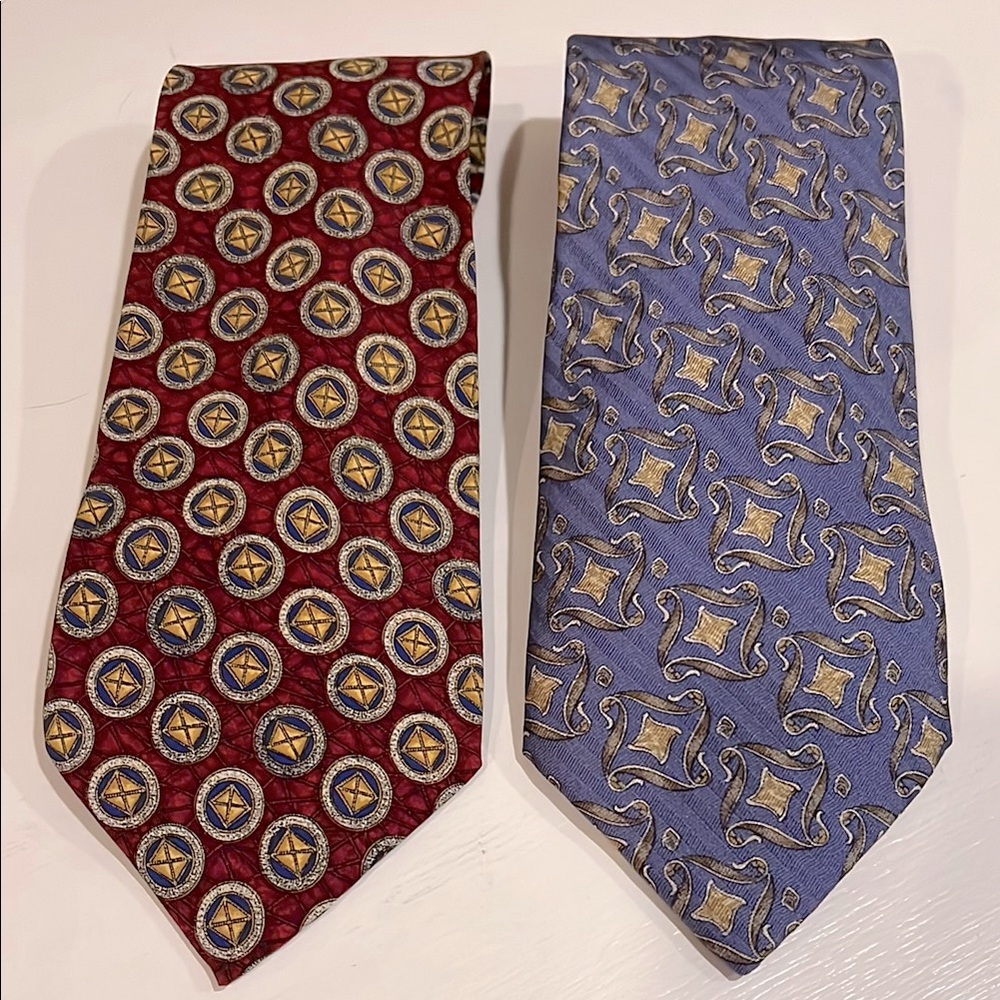 Lot (2) VALENTINO Handmade 100% Silk TIES Cravatte ITALY Burgundy Blue Gold